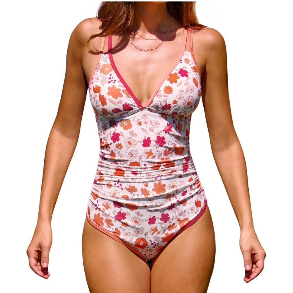 Cupshe Womens One Piece Swimsuit M White Orange Floral Ruched Cross Back Tie